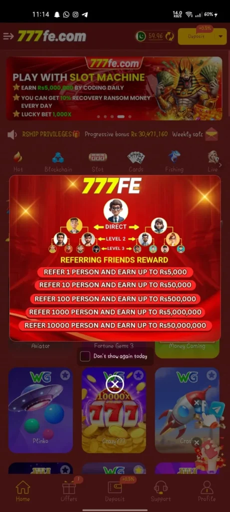 777Fe Game Refferal Earning Screenshot